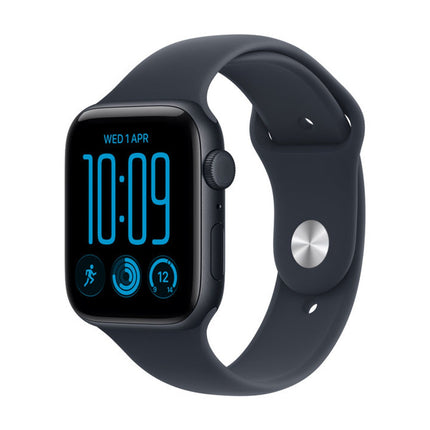 Apple Watch SE 3 44 mm Midnight with Navy Blue Sport Band, front view