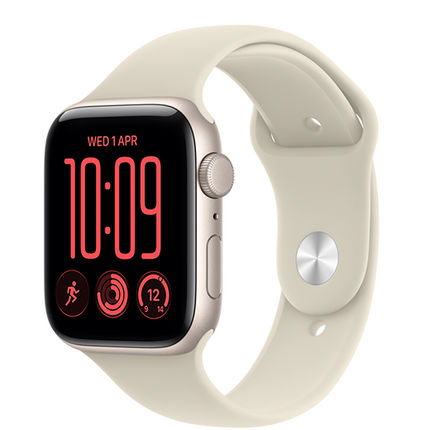 Apple Watch SE 3 Starlight with Sand Sport Band, angled view