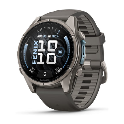 Garmin Fenix 9 43mm Titanium with Pebble Gray silicone band, priekšpuse