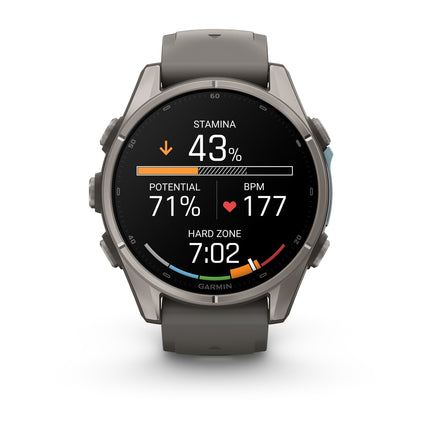 Garmin Fenix 9 43mm Titanium with Pebble Gray silicone band, detaļa