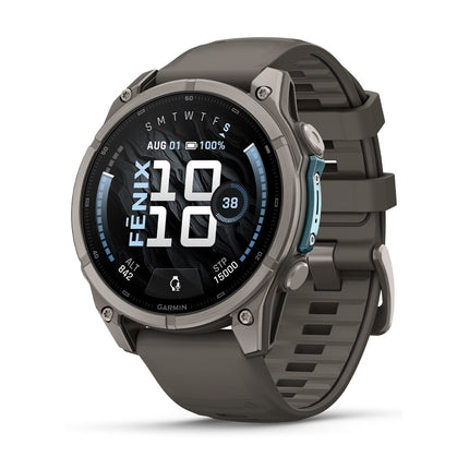 Garmin Fenix 9 47mm Titanium with Pebble Gray silicone band, front view