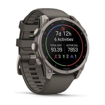 Garmin Fenix 9 47mm Titanium with Pebble Gray silicone band, angled view