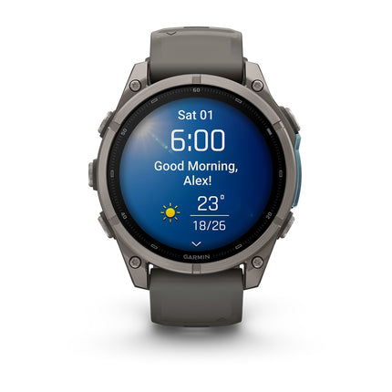 Garmin Fenix 9 47mm Titanium with Pebble Gray silicone band, detail, image 6