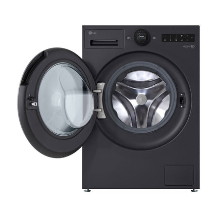 LG F2X70S9TBB veļas mašīna, skats no priekšas, atvērtas durvis un redzams trumulis