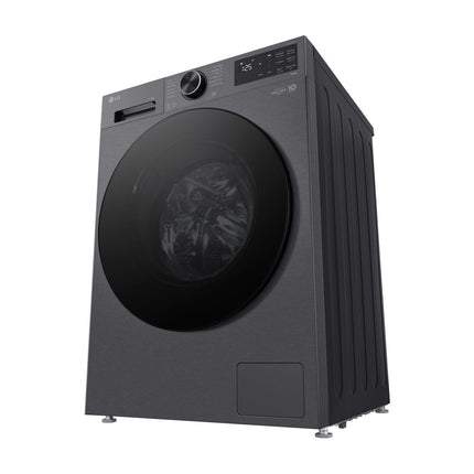 LG F4X5011TBB veļas mašīna, slīpi no apakšas, redzams apakšējais pārsegs