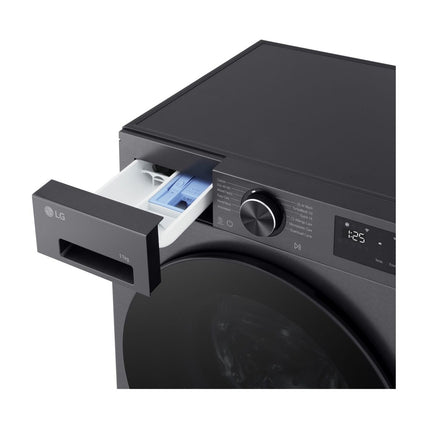 LG F4X5011TBB veļas mašīna, izvilkts veļas mazgāšanas līdzekļa dozators, skats slīpi