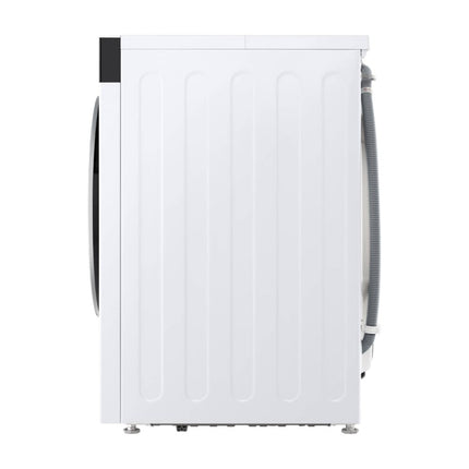 LG F4X5011TKB washing machine, side view, showing side panel and drain hose