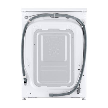LG F4X5011TKB washing machine, rear view, showing back panel and hose