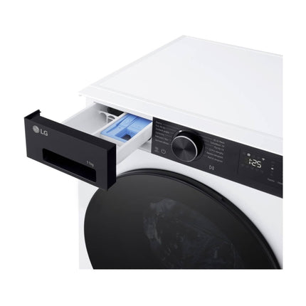 LG F4X5011TKB washing machine, open detergent dispenser in angled view