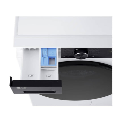 LG F4X5011TKB washing machine, open detergent dispenser close-up from above