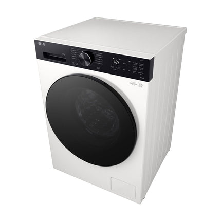 LG F4X5511THB washing machine, view from above and right side, lid visible