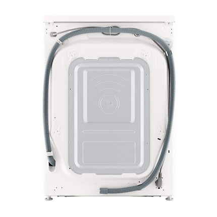 LG F4X5511THB washing machine, rear view with hoses and power cord
