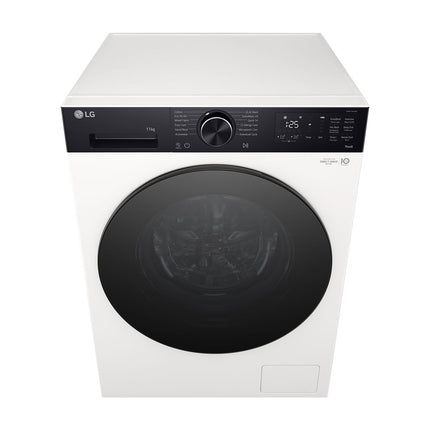 LG F4X5511THB washing machine, top view at an angle, closed door
