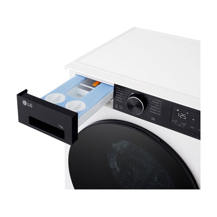 LG F4X5511THB washing machine, detergent dispenser drawer pulled out, angled view