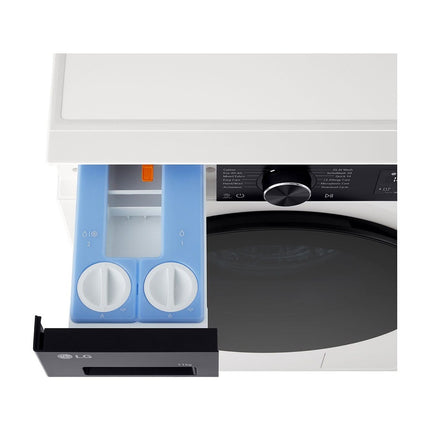 LG F4X5511THB washing machine, detergent dispenser drawer pulled out with two compartments, close up