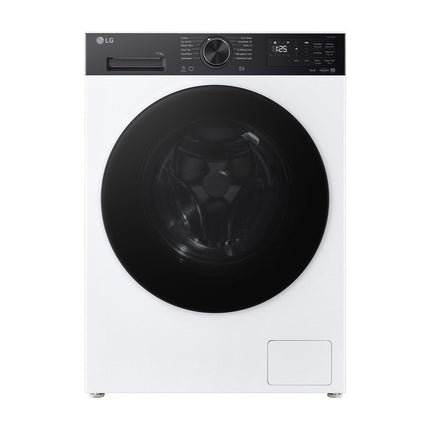 LG F4X5511TKB washing machine, front view, closed door, control panel at the top