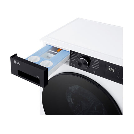 LG F4X5511TKB washing machine, open detergent dispenser, angled top view