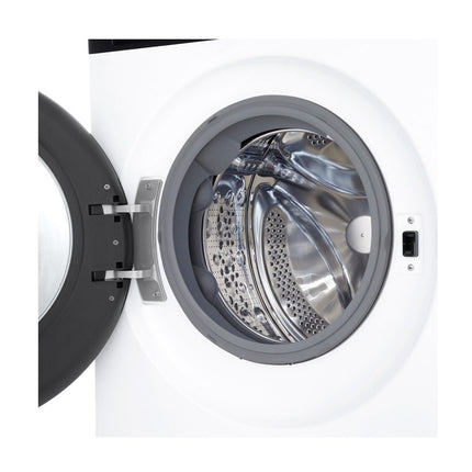 LG F4X5511TKB washing machine with open door, showing stainless steel drum interior