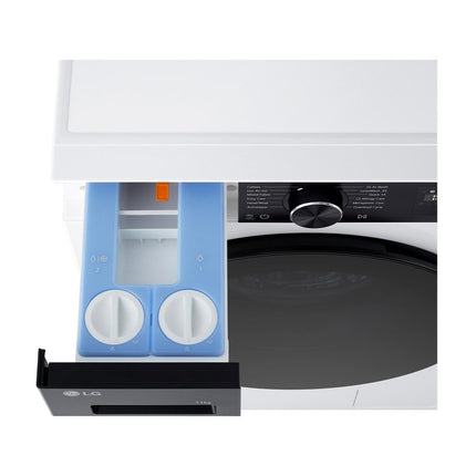 LG F4X5511TKB washing machine, open detergent dispenser with two compartments, top view