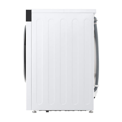 LG F4X5511TKB washing machine, side view with drain hose