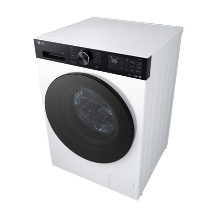 LG F4X5511TKB washing machine, angled view from above and from the left side, control panel visible