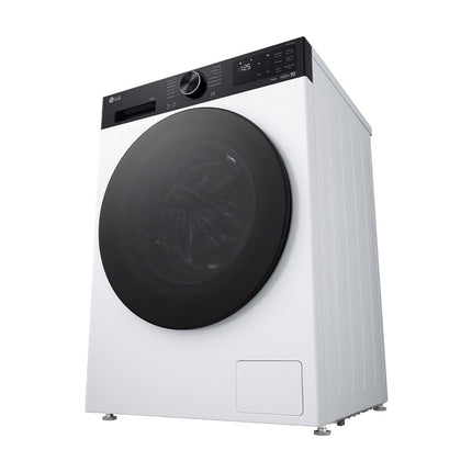 LG F4X5511TKB washing machine, angled view from below, showing front panel and feet