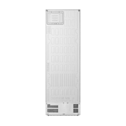 LG GBBS312CPY ledusskapis ar saldētavu apakšā, skats no aizmugures ar ventilācijas režģiem un aizmugures paneli