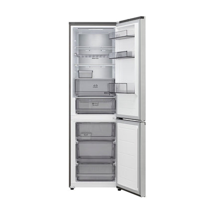 LG GBBS514CPY refrigerator with freezer below, open upper door, shelves and drawers visible