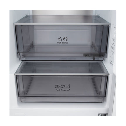 LG GBBS514CPY refrigerator with freezer below, close-up of two labeled drawers and display