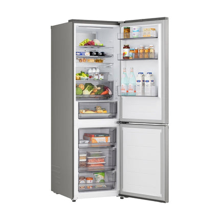 LG GBBS514CPY refrigerator with freezer below, angled view with open doors and full drawers