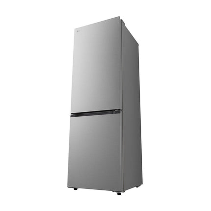 LG GBBS514CPY refrigerator with freezer below, front angled view with closed doors