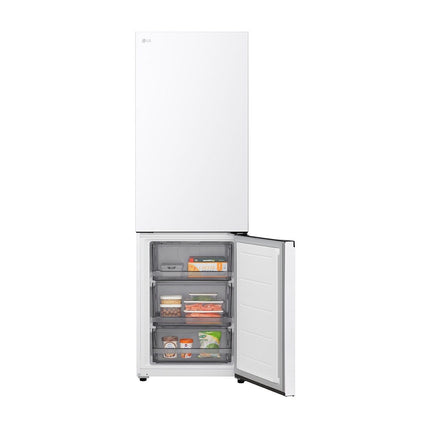 LG GBBS514CSW refrigerator with freezer below, front view, open freezer door, drawers with frozen products