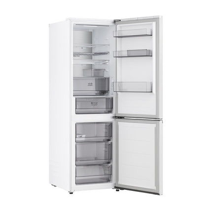 LG GBBS514CSW refrigerator with freezer below, angled view, both doors open, empty shelves and drawers
