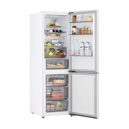 LG GBBS514CSW refrigerator with freezer below, angled view, both doors open, shelves and drawers with products