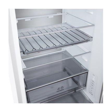 LG GBBS514CSW refrigerator with freezer below, open refrigerator, glass shelves, vegetable drawer and internal control panel
