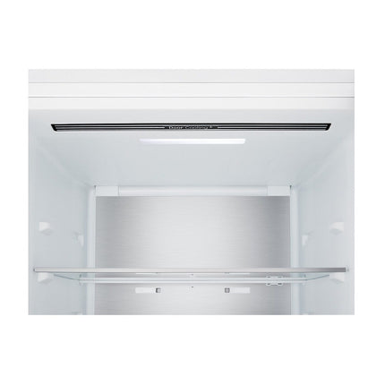 LG GBBS514CSW refrigerator with freezer below, open refrigerator upper section with Door Cooling ventilation strip and LED lighting
