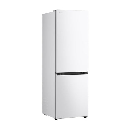 LG GBBS514CSW refrigerator with freezer below, view from left angle