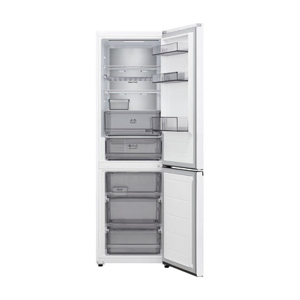 LG GBBS514CSW refrigerator with freezer below, open doors, empty shelves and drawers