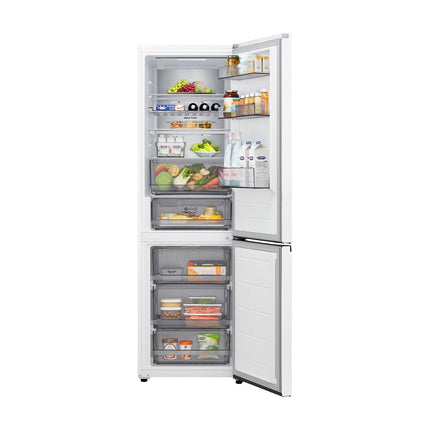 LG GBBS514CSW refrigerator with freezer at the bottom, open doors, shelves and drawers with food products