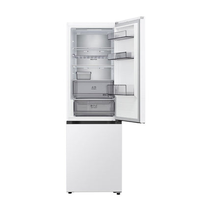 LG GBBS514CSW refrigerator with freezer below, front view, open refrigerator door, empty shelves and drawers