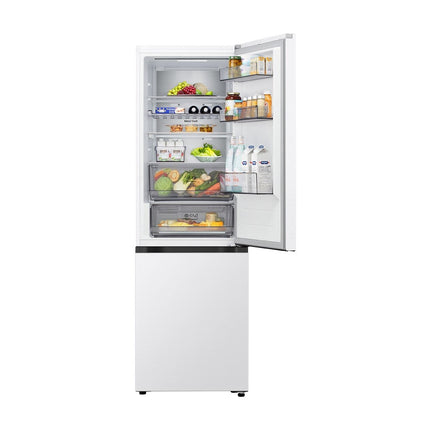 LG GBBS514CSW refrigerator with freezer below, front view, open refrigerator door, shelves and drawers with products