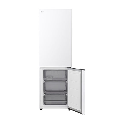 LG GBBS514CSW refrigerator with freezer below, front view, open freezer door, empty drawers