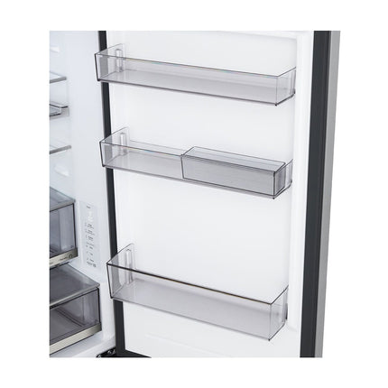 LG GBBS716CMB refrigerator with freezer below, open door, three door shelves and control panel