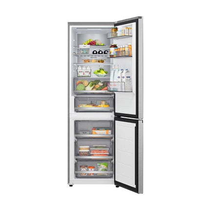 LG GBBS716CMB refrigerator with freezer below, front view, open doors, full shelves and drawers