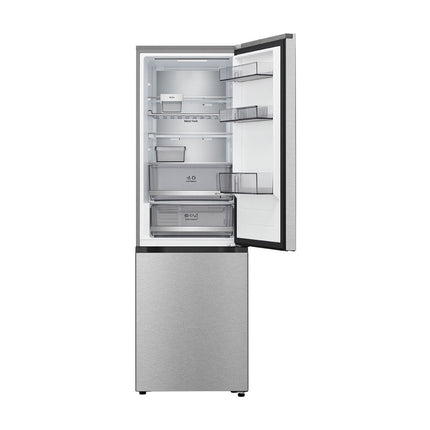 LG GBBS716CMB refrigerator with freezer below, front view, open upper door, empty shelves and door compartments