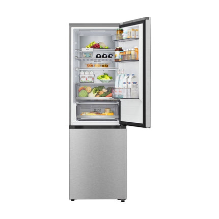 LG GBBS716CMB refrigerator with freezer at the bottom, front view, open upper door, products on shelves and in door