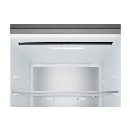 LG GBBS716CMB refrigerator with freezer below, close-up of refrigerator upper section, lighting and glass shelf