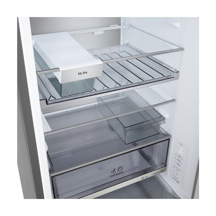 LG GBBS716CMB refrigerator with freezer below, open doors, glass shelves and My Box compartment