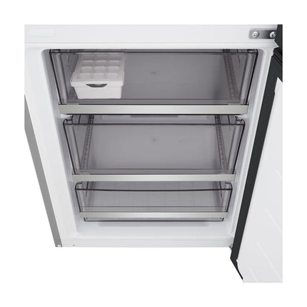LG GBBS716CMB refrigerator with freezer below, open freezer door section, ice cube tray and three drawers