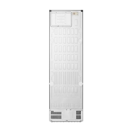 LG GBBS726BEV ledusskapis ar saldētavu apakšā, skats no aizmugures, aizmugurējais panelis ar ventilācijas atverēm